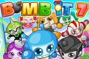 Personaje colorate și vesele, în stil desen animat, cu fețe zâmbitoare și costumuri diverse pe fundalul numelui Bomb It 7