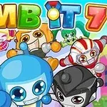 Personaje colorate și vesele, în stil desen animat, cu fețe zâmbitoare și costumuri diverse pe fundalul numelui Bomb It 7
