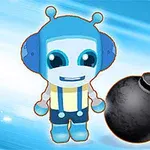Un personaj de desene animate albastru lângă o bombă cu fitil aprins și cifra opt de culoare roșie pe un fundal albastru deschis
