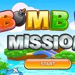 Text colorat Bomb It Mission pe un fundal de insulă cu cer albastru și buton de start portocaliu jos