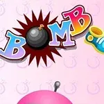 Text colorat „BOMB IT” pe un fundal roz cu o bombă și un mic obiect albastru și galben, parțial vizibilă parte de sus a unui robot roz