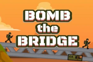 Textul „Bomb the Bridge” pe fundal portocaliu, cu doi soldați pe un pod metalic și o țiglă C4