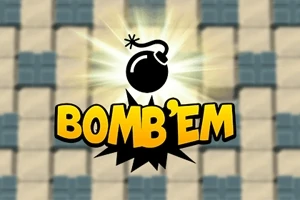 Logo cu o bombă neagră și textul BOMBEM pe un fundal de pătrate albastre și bej