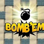 Logo cu o bombă neagră și textul BOMBEM pe un fundal de pătrate albastre și bej