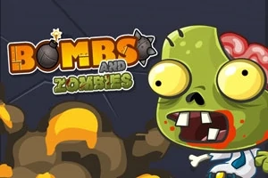 Un zombie desenat cu ochi mari și o explozie în fundal, alături de textul Bombs and Zombies