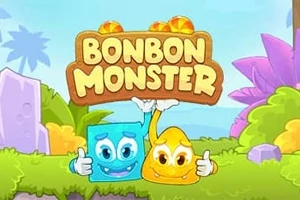 Două personaje colorate, un pătrat albastru și un triunghi galben, zâmbesc sub un semn mare cu textul Bonbon Monster într-un peisaj viu colorat