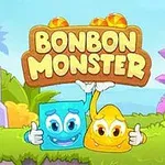 Două personaje colorate, un pătrat albastru și un triunghi galben, zâmbesc sub un semn mare cu textul Bonbon Monster într-un peisaj viu colorat
