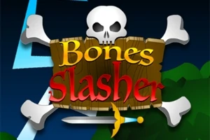 Un craniu alb cu oase încrucișate din spate, o pancartă de lemn cu textul Bones Slasher și o sabie ilustrată dedesubt