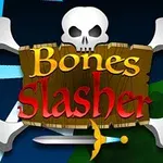 Un craniu alb cu oase încrucișate din spate, o pancartă de lemn cu textul Bones Slasher și o sabie ilustrată dedesubt