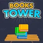 Textul „Books Tower” deasupra unei mici stive de cărți colorate așezate pe o masă din lemn