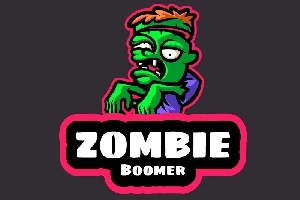 Un desen cu un zombie verde cu o bentiță pe cap și textul Zombie Boomer pe un fundal întunecat