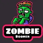 Un desen cu un zombie verde cu o bentiță pe cap și textul Zombie Boomer pe un fundal întunecat