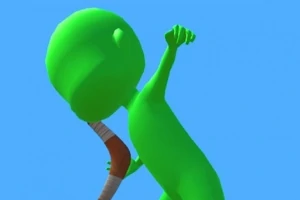 Un personaj verde animat ține și aruncă un bumerang pe un fundal albastru