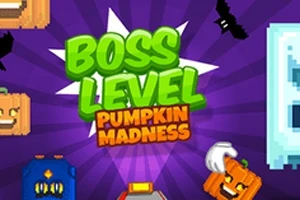 Textul Boss Level Pumpkin Madness în centru pe un fundal mov cu elemente grafice de dovleci și lilieci