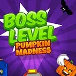 Textul Boss Level Pumpkin Madness în centru pe un fundal mov cu elemente grafice de dovleci și lilieci
