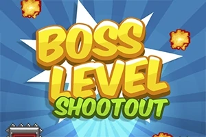 Textul „Boss Level Shootout” cu litere mari, colorate, pe un fundal albastru cu explozii