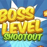 Textul „Boss Level Shootout” cu litere mari, colorate, pe un fundal albastru cu explozii