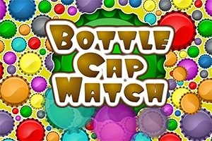 Capace de sticle colorate suprapuse pe fundal, cu un text central mare care afișează Bottle Cap Match