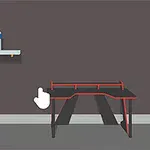 Un birou și un scaun de gaming în stil modern, alături de o etajeră cu un recipient albastru, pe un perete de culoare închisă