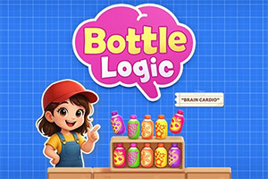 Fundal albastru cu logo roz „Bottle Logic, o fetiță desenată în șapcă roșie și sticle colorate cu fructe pe rafturi