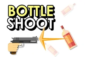 Un pistol desenat trage spre o sticlă, cu literele mari „BOTTLE SHOOT” deasupra