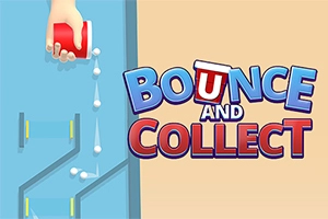 Mâna unei persoane toarnă bile albe dintr-un pahar roșu pe un labirint albastru, cu textul Bounce and Collect în dreapta