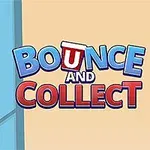 Mâna unei persoane toarnă bile albe dintr-un pahar roșu pe un labirint albastru, cu textul Bounce and Collect în dreapta