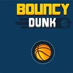Textul Bouncy Dunk pe un fundal albastru închis, cu o minge de baschet portocalie dedesubt