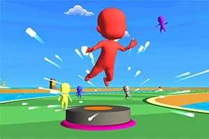 Personaj animat roșu sărind pe o platformă cu alți câțiva în fundal pe un teren colorat