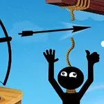 Personaj stickman cu arc și săgeată eliberând un alt stickman de o frânghie la gât, pe un fundal albastru