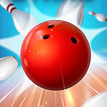 Minge roșie de bowling lovind popice pe un fundal albastru vibrant