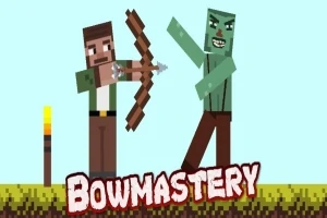 Personaj pixilat ținând un arc țintește spre o creatură verde pe un fundal albastru deschis, cu textul Bowmastery dedesubt