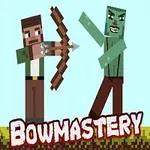 Personaj pixilat ținând un arc țintește spre o creatură verde pe un fundal albastru deschis, cu textul Bowmastery dedesubt