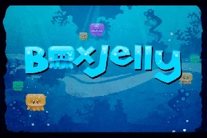Text albastru 3D cuvântul BoxJelly pe un fundal subacvatic albastru, decorat cu meduze colorate