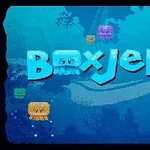 Text albastru 3D cuvântul BoxJelly pe un fundal subacvatic albastru, decorat cu meduze colorate