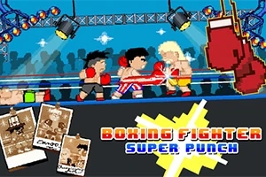 Doi boxeri stil pixel art luptă într-un ring de box, înconjurați de lumini și mulțime, cu text colorat dedesubt