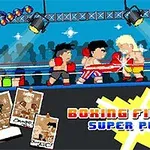 Doi boxeri stil pixel art luptă într-un ring de box, înconjurați de lumini și mulțime, cu text colorat dedesubt