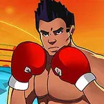 Boxer animat cu mănuși roșii, pregătit de un meci, într-un ring cu decor vibrant