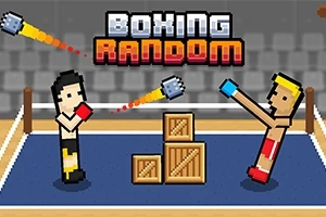 Doi boxeri pixel art luptându-se într-un ring cu un background pixelat, având cutii între ei și cuvântul Boxing Random deasupra