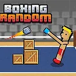 Doi boxeri pixel art luptându-se într-un ring cu un background pixelat, având cutii între ei și cuvântul Boxing Random deasupra