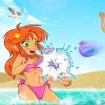 Trei fete anime în costume de baie, jucându-se cu baloane cu apă pe plajă sub un cer senin