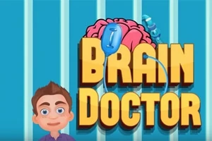 Ilustrație cu un creier alături de textul Brain Doctor și un personaj animat pe fundal albastru