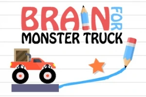 Desen cu un camion monstru roșu, o stea portocalie, și un creion albastru care trasează o linie pe un fundal de hârtie, cu textul Brain for Monster Truck