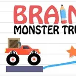 Desen cu un camion monstru roșu, o stea portocalie, și un creion albastru care trasează o linie pe un fundal de hârtie, cu textul Brain for Monster Truck