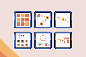 Sunt prezentate șase casete cu puzzle-uri vizuale și logice, fiecare incluzând elemente geometrice, numere și simboluri pe un fundal roz pal