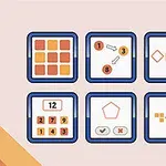 Sunt prezentate șase casete cu puzzle-uri vizuale și logice, fiecare incluzând elemente geometrice, numere și simboluri pe un fundal roz pal