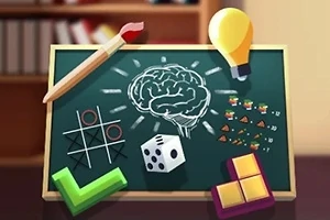 Tablă cu cretă cu desen al unui creier, un bec, o pensulă, un zar, și forme geometrice colorate