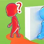 Două figuri stilizate, una roșie și una albastră, separate de un perete alb pe un fundal verde, cu semn de întrebare deasupra celei roșii