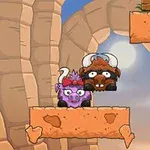 Două personaje animate în formă de bivoli, unul violet și unul maro, stau pe o platformă de piatră într-un canion pe fundalul unui cer albastru cu un soare parțial acoperit