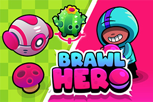 Personaj desenat cu hanorac albastru, cactus verde cu floare roșie, minge zburătoare roz și ciupercă pe fundal verde și roz, cu text „Brawl Hero”